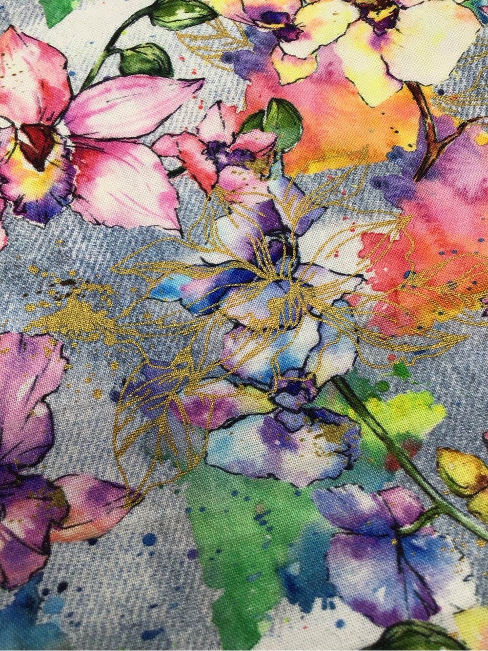 Floral Watercolor fabric,Pink, Purple & Green with Gold Accents.multipurpose use